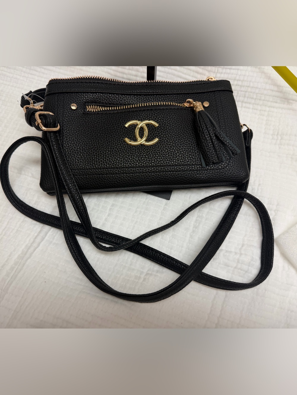 Black Caviar Leather Wristlet Clutch with Gold Logo - Picture 6 of 8